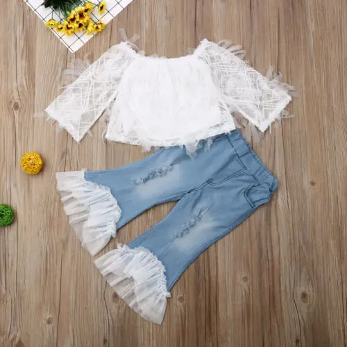 1-6Years 2Pcs Toddler Kid Baby Girl Summer White Lace T Shirt Tops Bell Bottom Pant Jeans Trouser Children Clothes | Детская одежда и