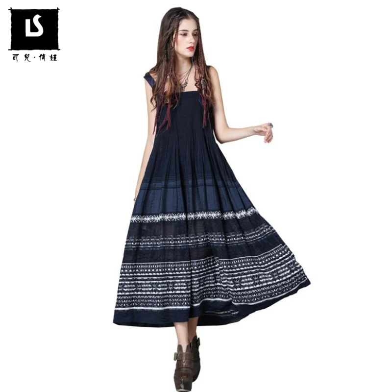 

Женское винтажное платье макси в полоску, повседневное Плиссированное длинное платье на бретелях без рукавов с вышивкой, лето 2020