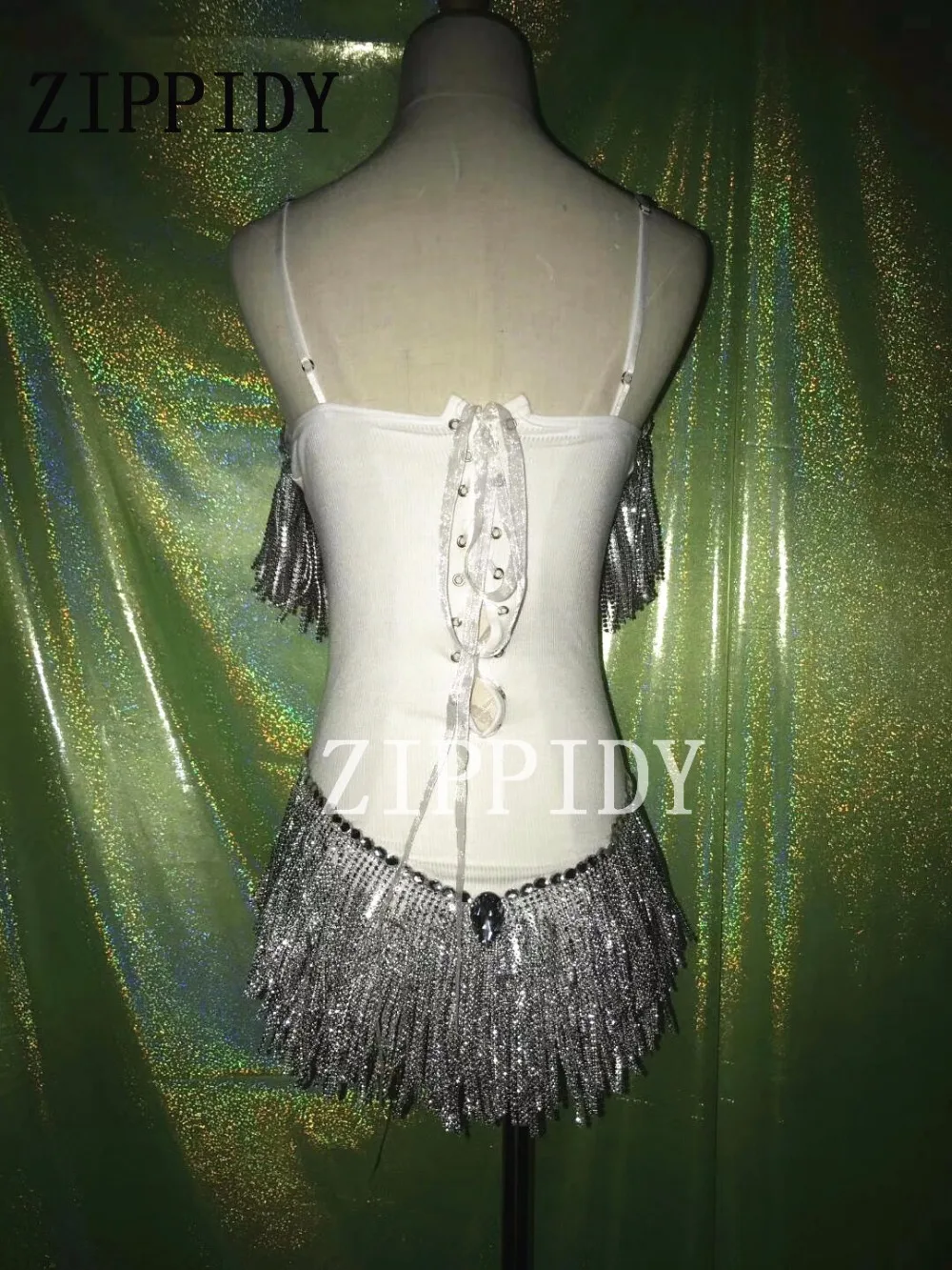 Sexy Silver Rhinestones Tassel Bodysuit Costume Stage Show Leotard Celebrate Performance Outfit Crystals Stones Wear