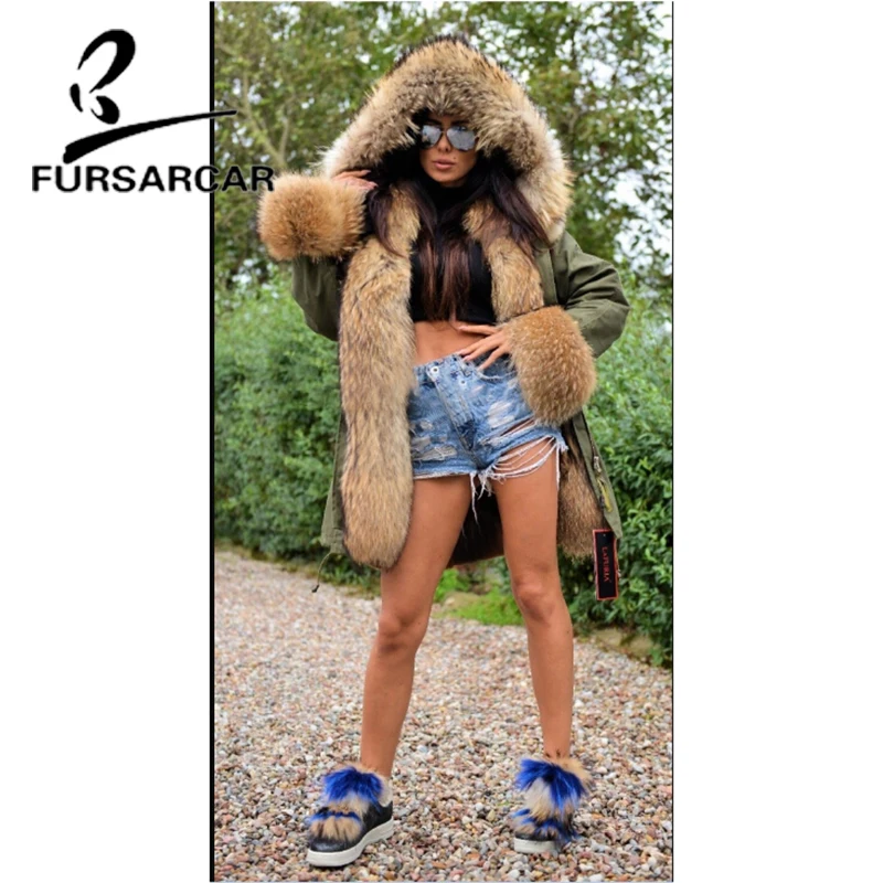 FURSARCAR Hot New Fashion Women Real Fur Coat With Raccoon Fur Collar And Cuff Winter High Quality Thick Warm Fur Parka