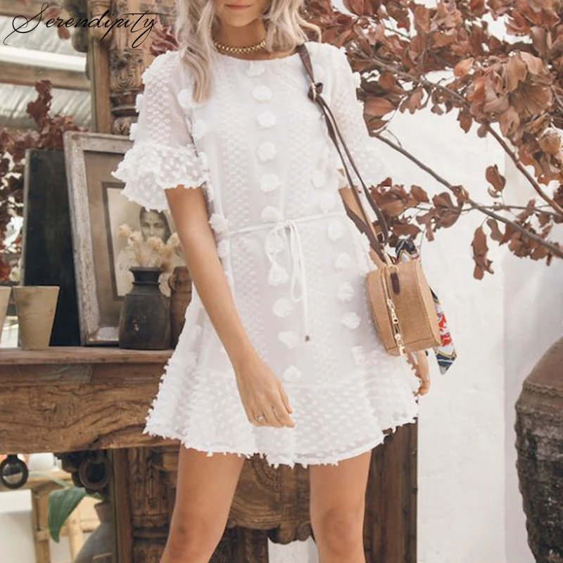 Elegant Fashion White Women Beach Dress Casual Ruffle Short Sweet Summer Mini Sash Dot Vestidos O neck Solid|Женские платья| |