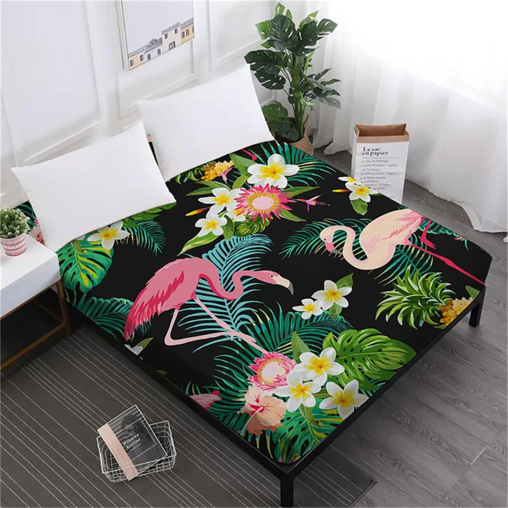 

Green Leaves Flowers Print Bed Sheet Flamingo Plant Painted Fitted Sheet Twin Full King Queen Mattress Cover Soft Bedclothes D35