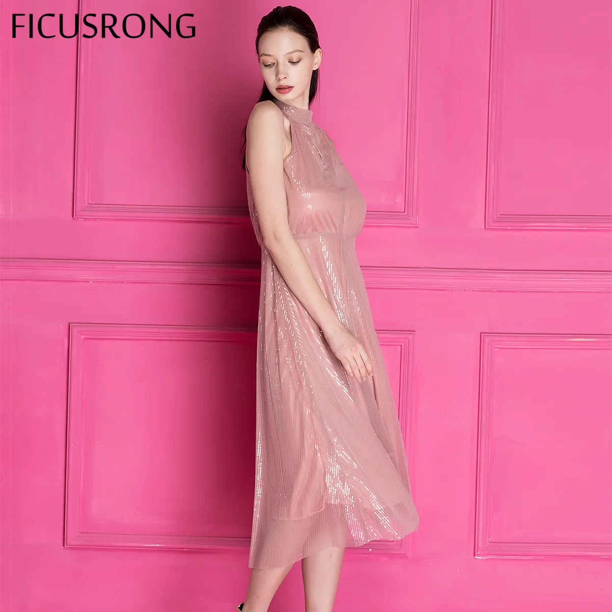 FICUSRONG 2019 новый элегантный блесток длинное платье для женщин Винтаж с открытыми