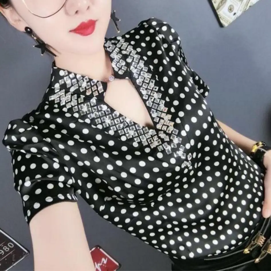 

short sleeve polka Dot T Shirt Women v-Neck Tee Shirt Top plus size 3XL