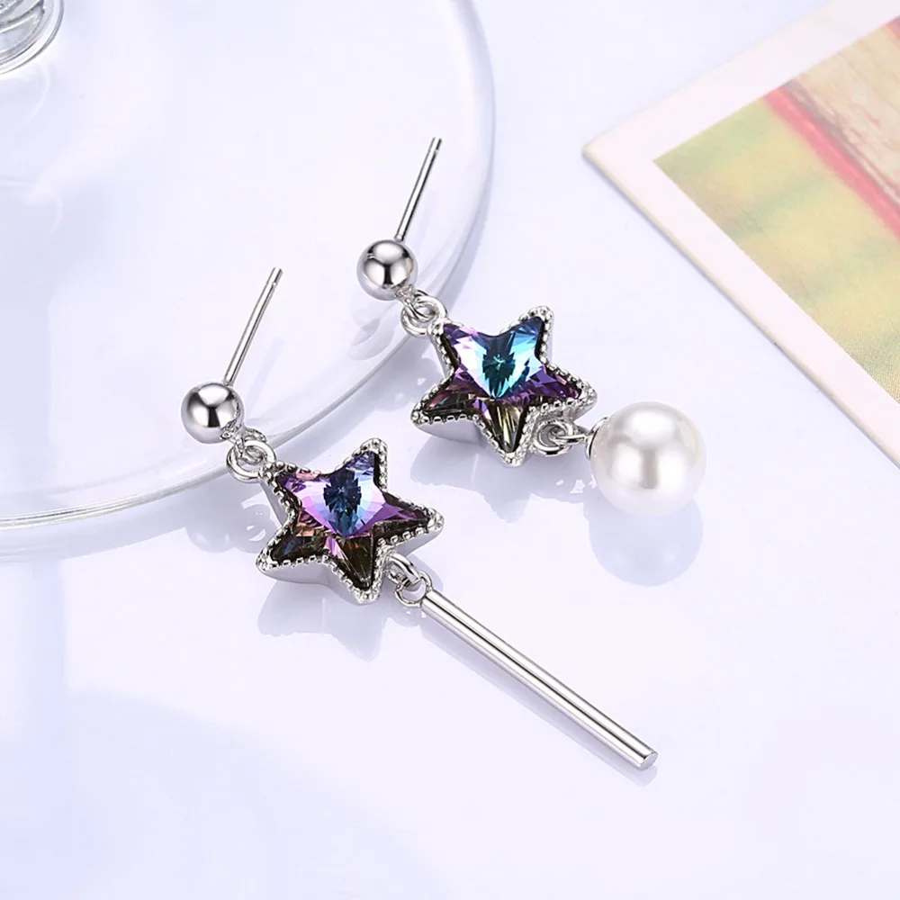 Женские асимметричные серьги Swarovski подвески с фиолетовыми звездами и жемчугом