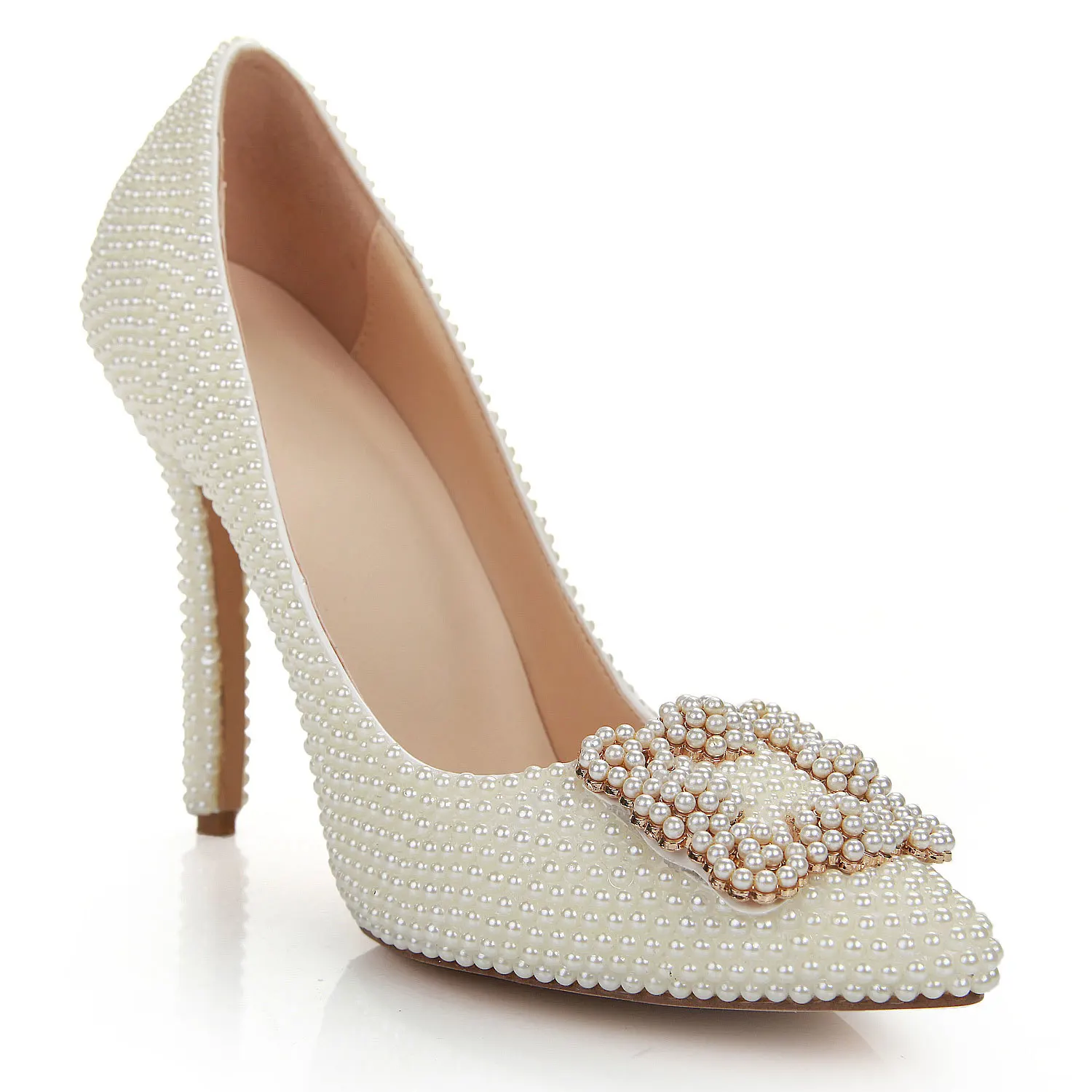 

MA0362 New Fashion Soft Pearl White Pointed High Heel Crystal Wedding Shoes Women High Heel Waterproof Platform Pumps