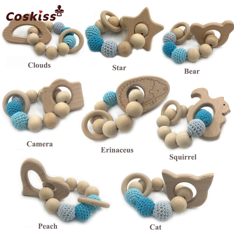 Pulsera de madera con forma de Animal para beb&eacute;, mordedor ecol&oacute;gico, juguete de dentici&oacute;n infantil, brazalete con forma de sonajero, regalo-0