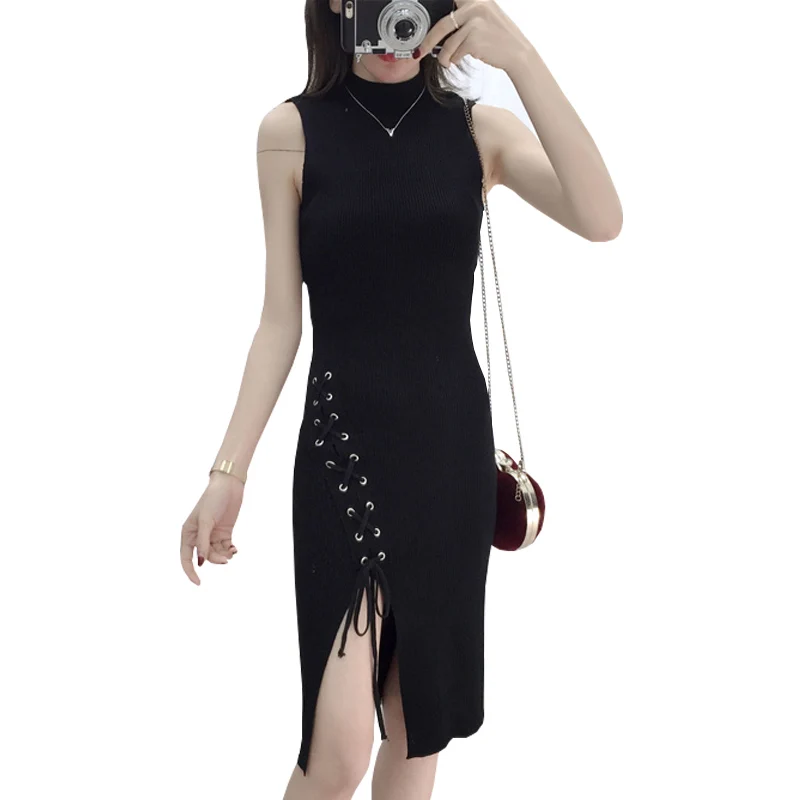 Shintimes Women's Sleeveless Dresses Fashion Spring Summer Black Bandage Bodycon Knitted Dress 2019 Elegant Slim Casual | Женская