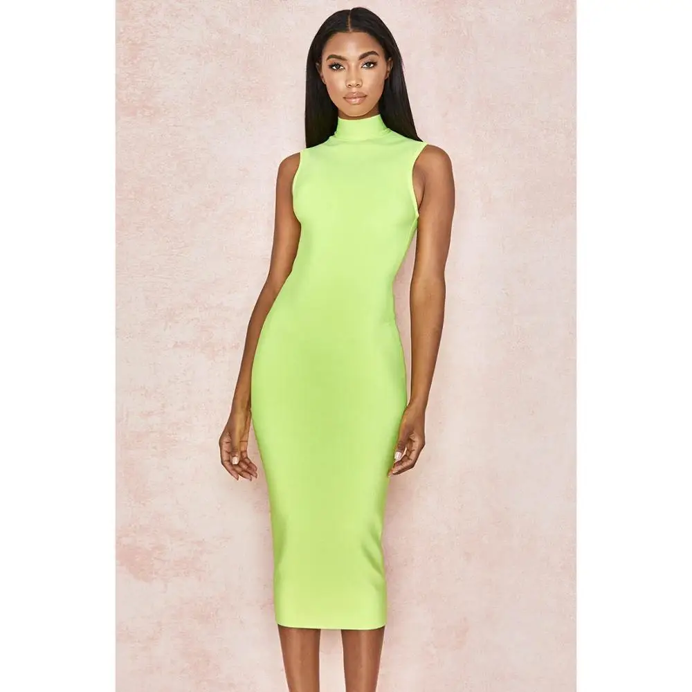 KLEEZY 2019 Celebrity Party Solid Neon Green Women Bandage Dress Vestidos Sleeveless Sexy Elegant Knee Bodycon Club HL8118 | Женская