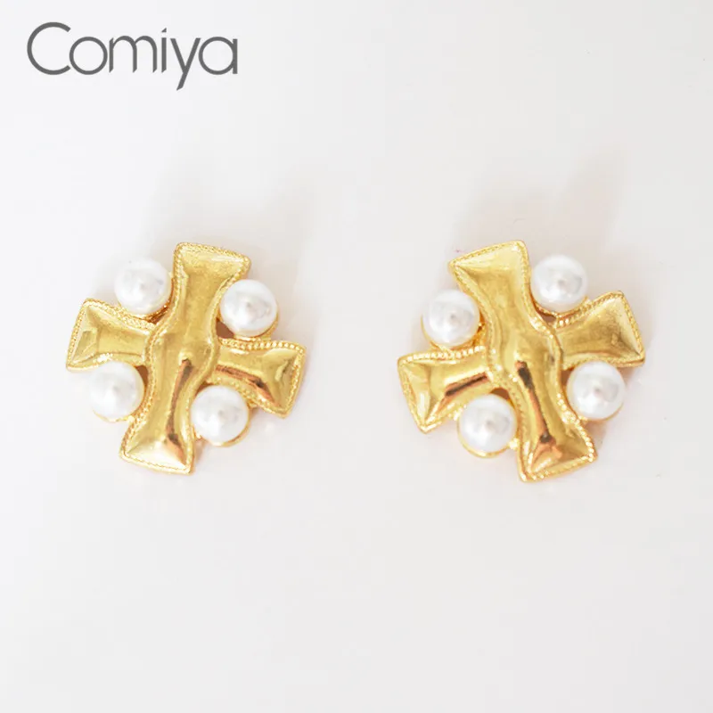 Женские серьги гвоздики Comiya из акрилового жемчуга с крестом золотого и