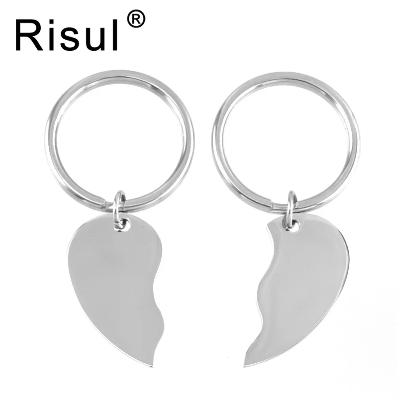 5 pairs Risul split heart Keychain  blank charm for personalized print engraved couple pair of key chain Stainless steel