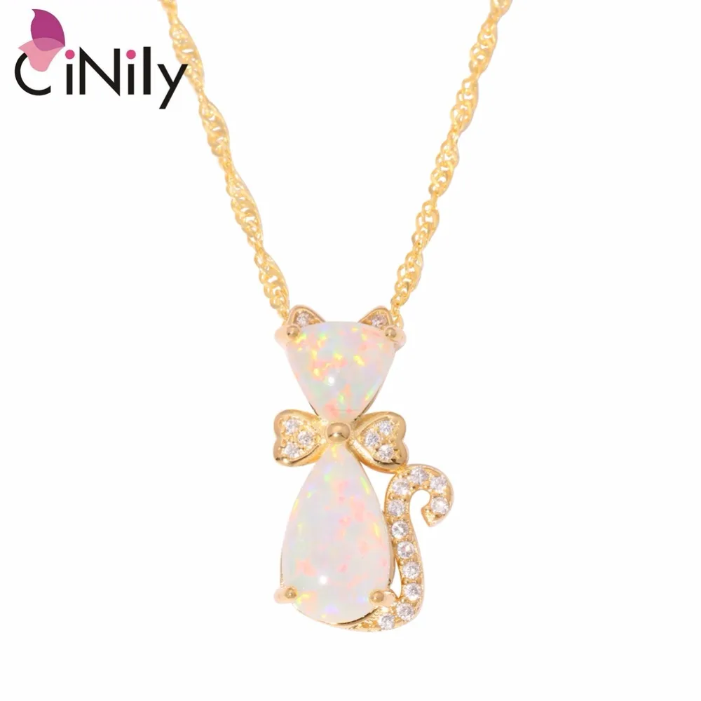 

CiNily Created White Fire Opal Cubic Zirconia Yellow Gold Color Wholesale Cat For Women Jewelry Pendant Necklace OD6488