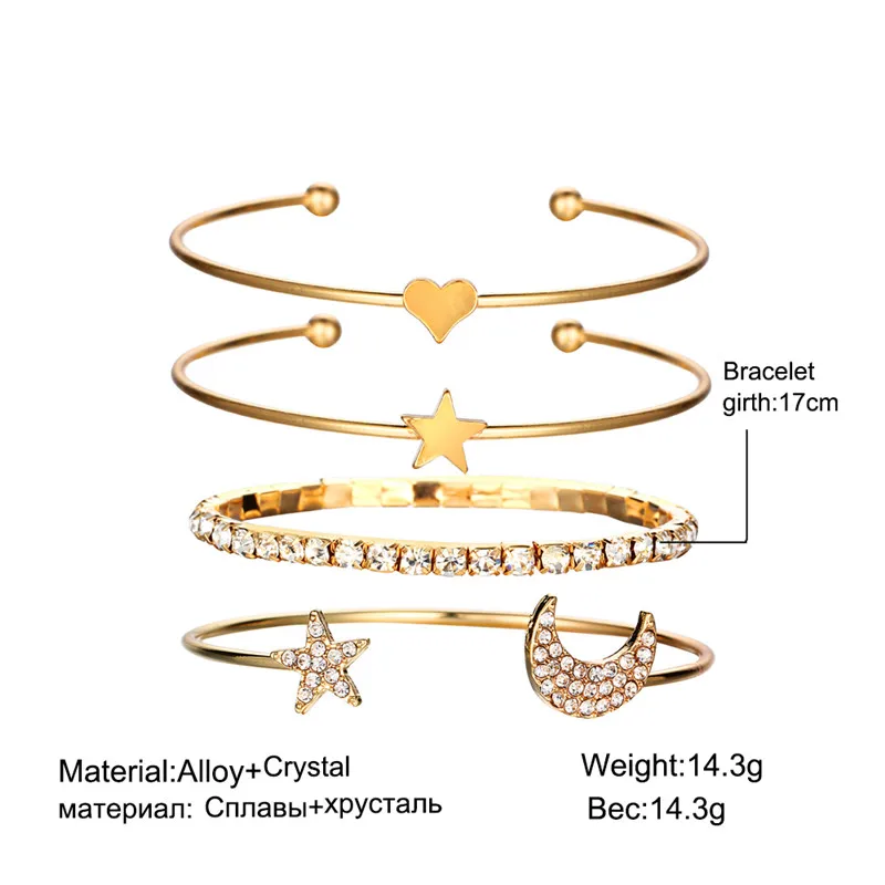 4 шт./компл. модные золотые Цвет укладки Сердце Звезда Луна манжеты Браслеты для