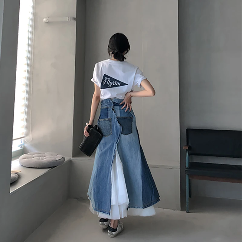 TWOTWINSTYLE, хит, цветная, сетчатая, Лоскутная, Женская юбка, высокая талия, тонкая, деним, линия, миди, юбки, женская мода, весна, повседневная, Новинка