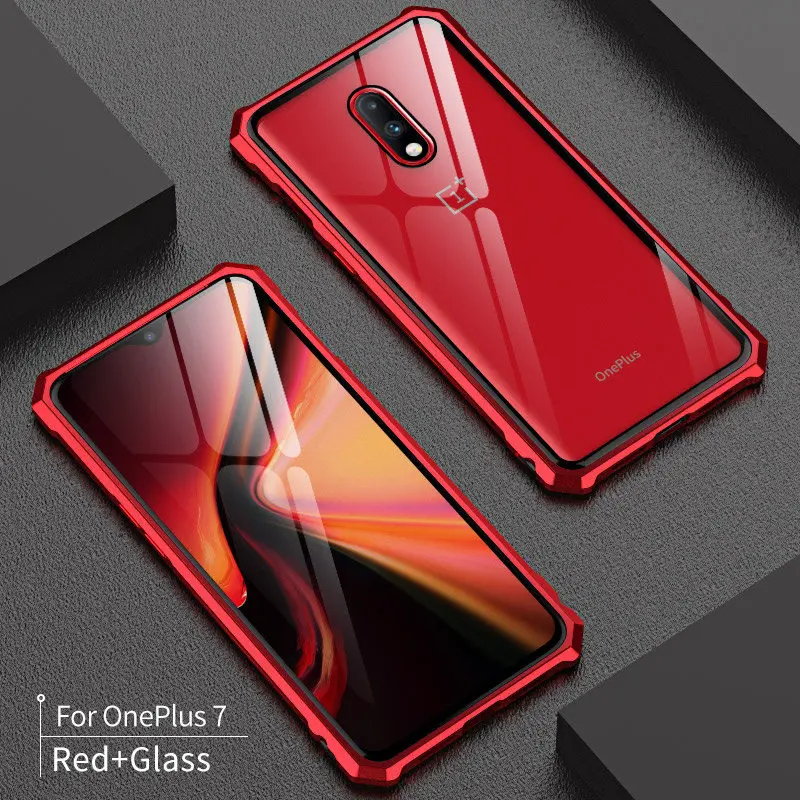 Для Oneplus 7 Pro Бампер Oneplus7 чехол алюминиевая металлическая рамка 1+ 7 с прозрачным закаленным стеклом задняя крышка для Oneplus 7 Pro Чехол - Цвет: oneplus7 red