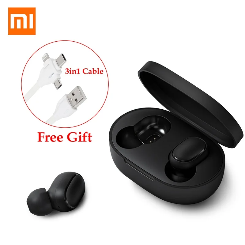 With Cable Самые дешевые Xiaomi Redmi AirDots True Беспроводные Bluetooth 5,0 наушники DSP шумоподавление гарнитура с микрофоном наушники TWSEJ04LS - Цвет: With Cable