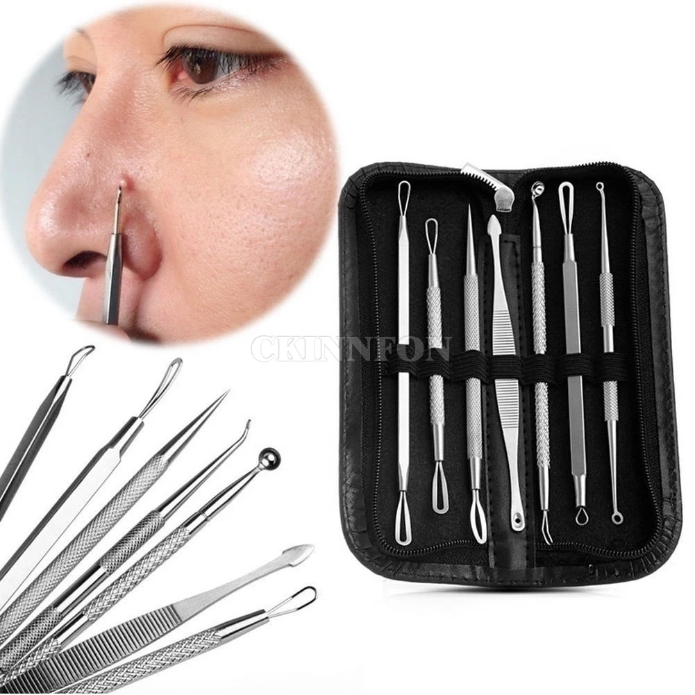 

100Sets 7Pcs/set Stainless Facial Blackhead Acne Extractor Needle Acne Spot Pimple Blemish Comedone Remover Tools Set