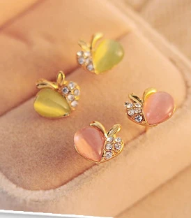 2014 Акция корейские Изысканные милые серьги гвоздики в виде яблок с опалом E2282|fashion