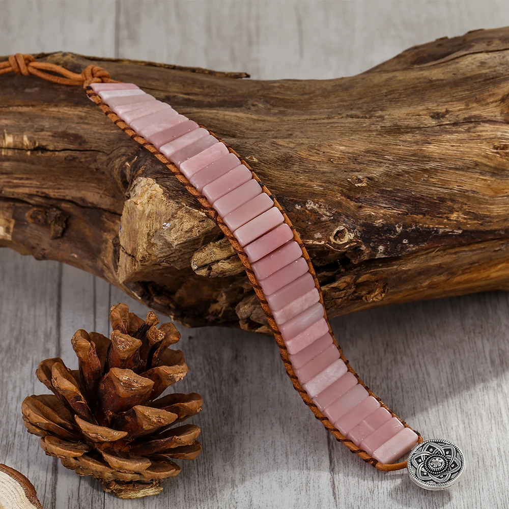 Браслет из натуральной кожи с натуральным розовым опалом обруч бисера ювелирное