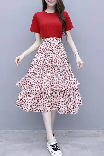 Korean Red Women Skirt Set Short Sleeve 2 Piece Womens Tops And Blouses Floral Maxi Outfit Woman Top Sets |