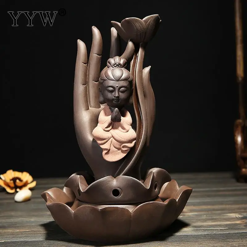 Lotus Buddha Incense Burner Waterfall Backflow Incense Cone Holder Brown Censer Classical Home Decor Aroma Censer +10pcs Cones