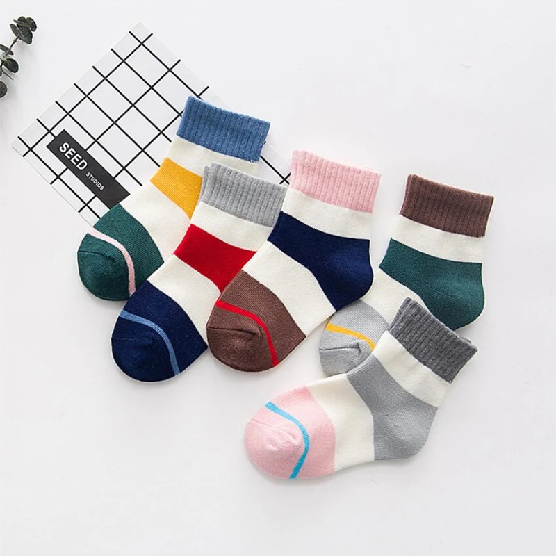 Baby Boy Socks 5 Pairs Children Autumn Winter Cartoon for Girls Kids To School Sport Girl Clothes Striped | Детская одежда и обувь