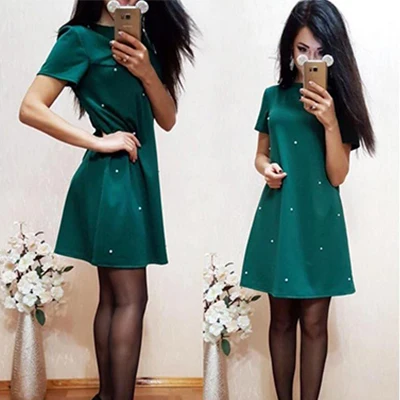 Однотонные Свободные мини-платья с круглым вырезом, Украшенные бусинами, женское повседневное короткое платье-рубашка, Женские Простые платья трапециевидной формы с высокой талией для девушек, летние - Цвет: Green