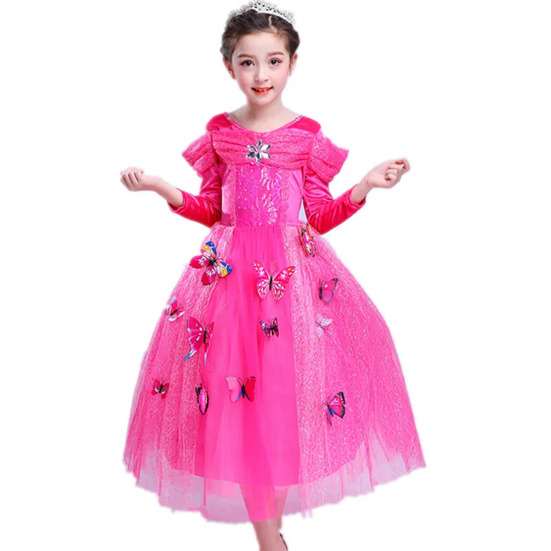 Girl Pink Ball Gown Long Sleeve Dress Princess Sleeping Beauty Aurora Cosplay Costume Children Carnival Clothes Party | Детская одежда