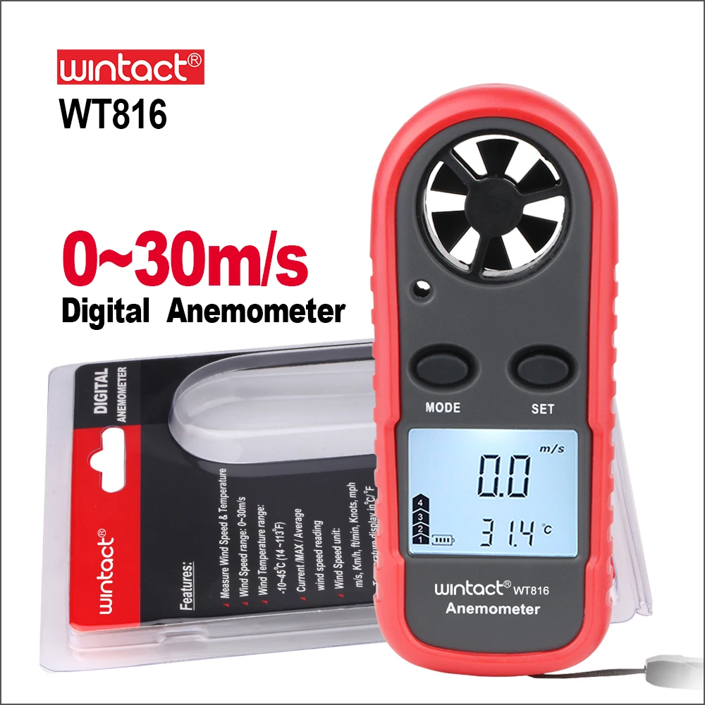 

WINTACT Anemometer Thermometer Wind Speed Meter Portable Handheld Windmeter Tester WINTACT 0-30m/s Digital Anemometer Sensor