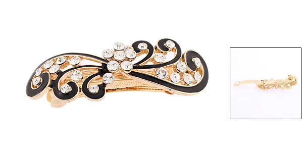 Women Plastic Rhinestones Inlaid Black Floral Accent French Barrette Style Metal Hair Clip Hairpin Decor Gold Tone | Красота и