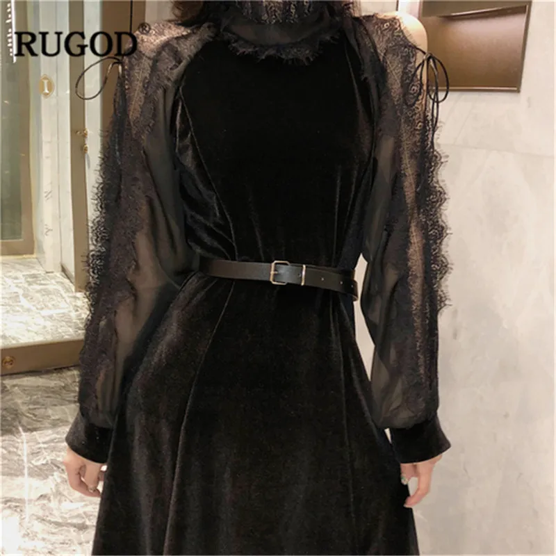 RUGOD модное однотонное женское платье кружевное повседневное весеннее с длинным