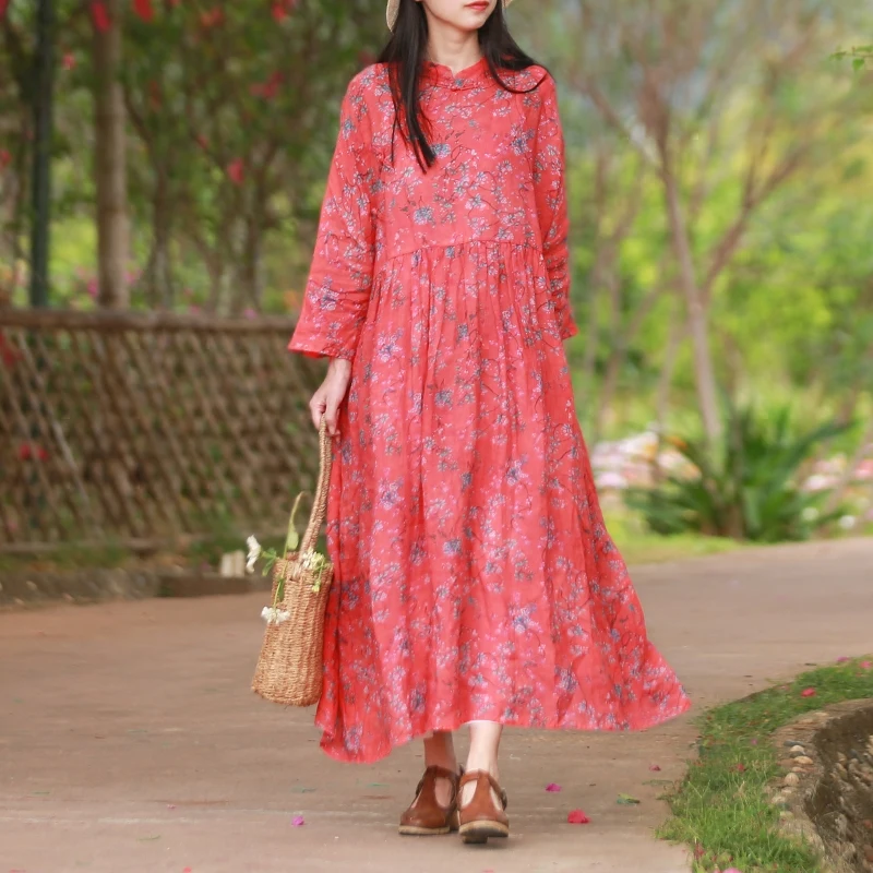 Hisenky 2018 Spring Ramie Three-Quarter Sleeve Dress Women Maxi Dresses Small Flower Shirt Robe Femme Elbise Vestido 1907 | Женская