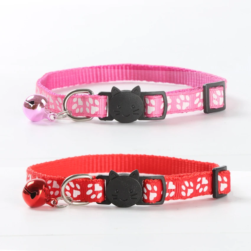 

180pcs/lot Safety Nylon Dog Puppy Cat Collar Breakaway Adjustable Cats Collars with Bell and Bling Paw Printing Pet Supplies