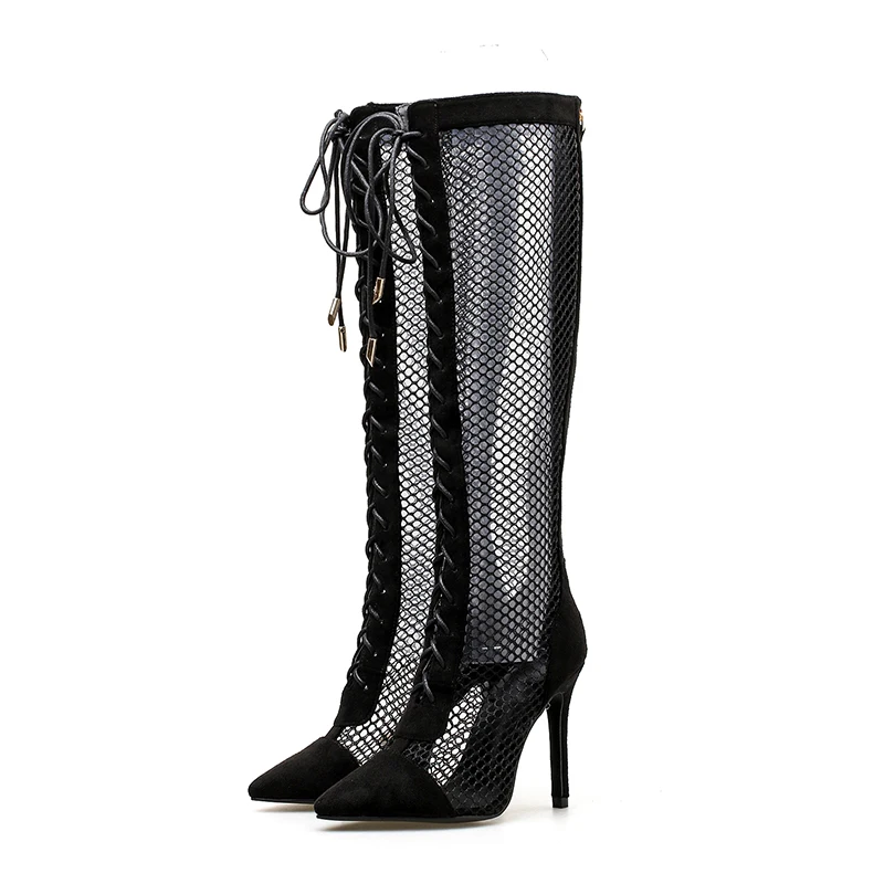 

2021 Pointed Black Hollow Women Boots Knee-High Pointed Toe Motorcycles Zipper Solid Thin Heels Lace-up Summer Fashion Sexy