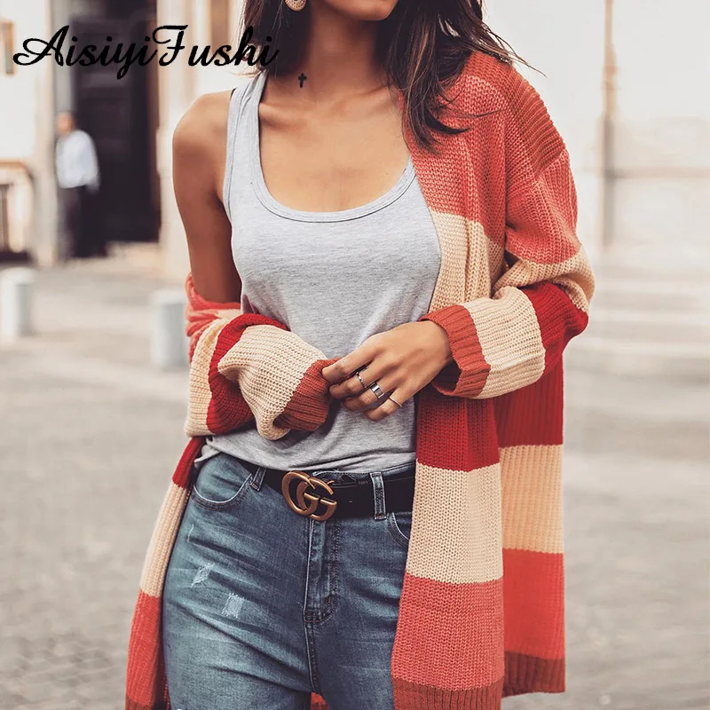 Winter Women Long Sleeve Cardigan Striped Female Knitted Cardigans Rainbow Warm Women'S Femme Manche Longue 2020 |