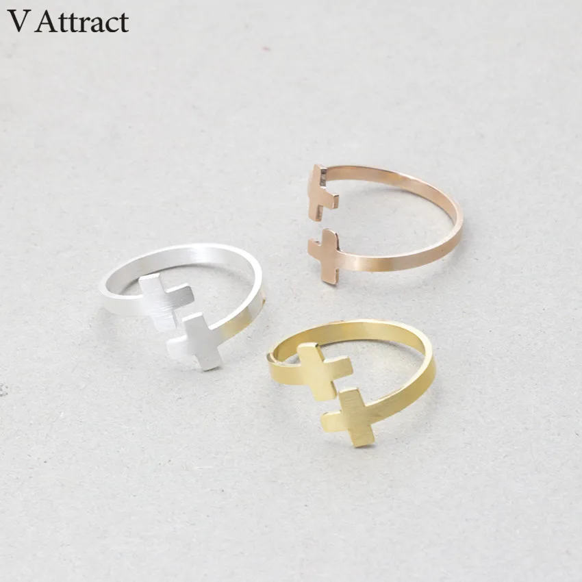 V Attract Handcrafted Baptism Jewellery Ring Gold Color Stainless Steel Adjustable Dpuble Cross Bague For Women|rings for women|cross ringring |
