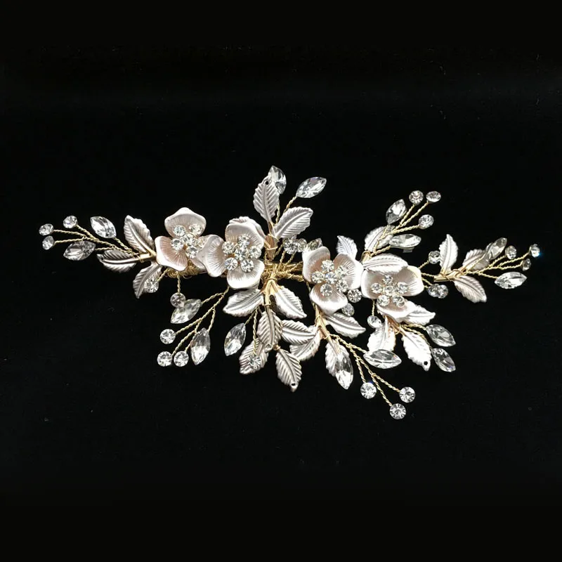 SLBRIDAL, ручная работа, золотые Австрийские кристаллы, стразы, цветок, лист, свадебные заколки для волос, заколки, свадебный головной убор, аксессуары для волос