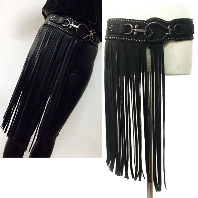 

Long tassel cummerbund belt 2018 New Fashion PU Leather Elastic Wide waist Punk Hip hop styles Belt for woman Metal BT080S30