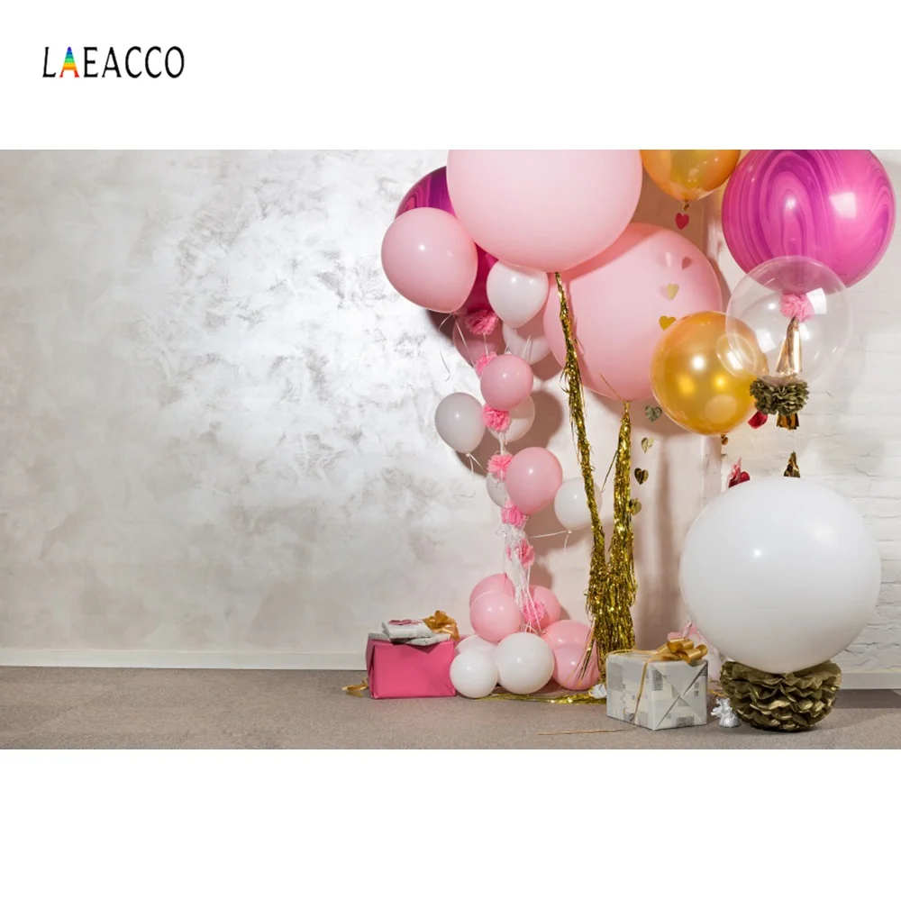 Фоны Laeacco для фотосъемки детей на день рождения розовые воздушные шары торт