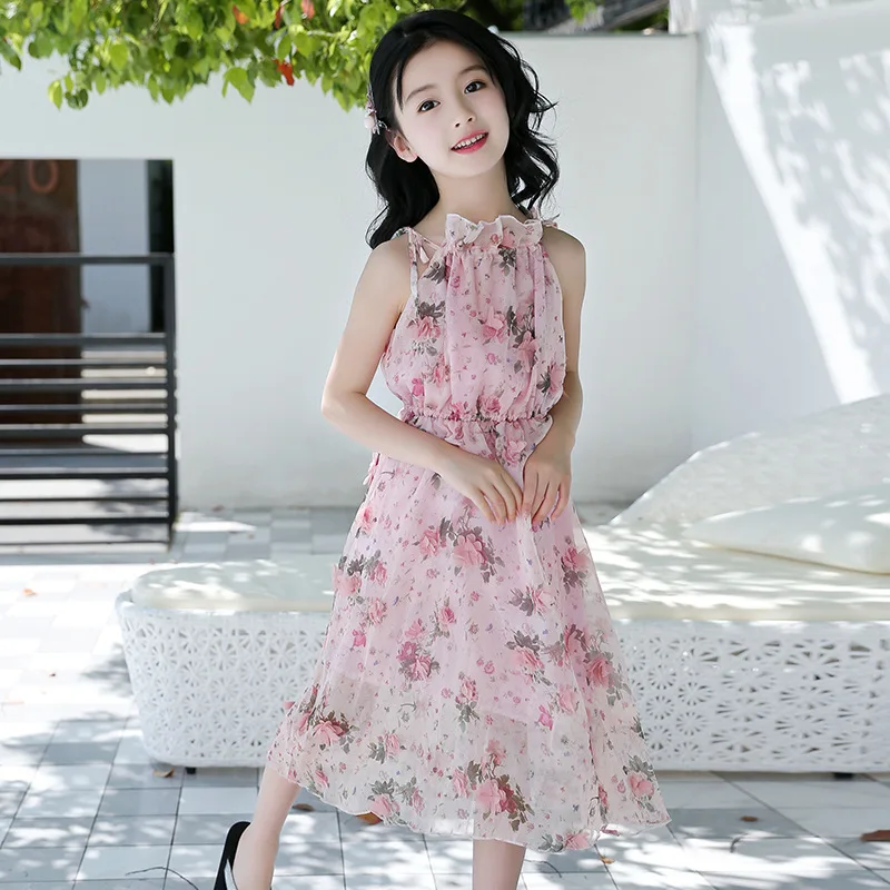 Summer Girls Dress Strap Shoulder Girl Beach Dresses Bohemian Kids Floral Teenage Clothes 6-14 Year kids' wear | Детская одежда и