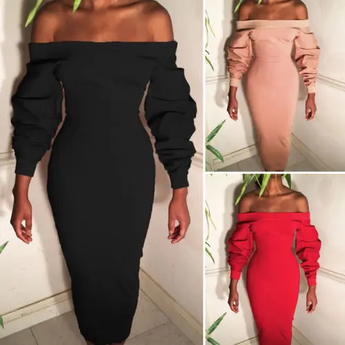Женское платье с открытыми плечами длинным рукавом и вырезом лодочкой|sleeve dress|pencil