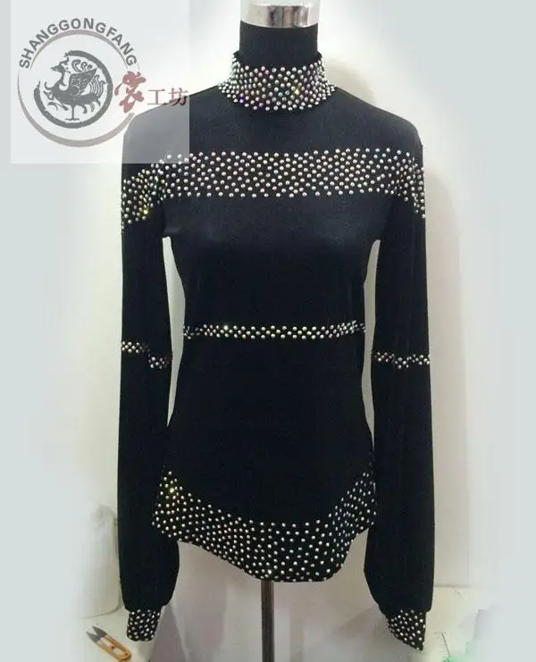 

New men's latin dance costumes long sleeves diamond latin dance Velvet top for men's latin dance competition shirts S-4XL