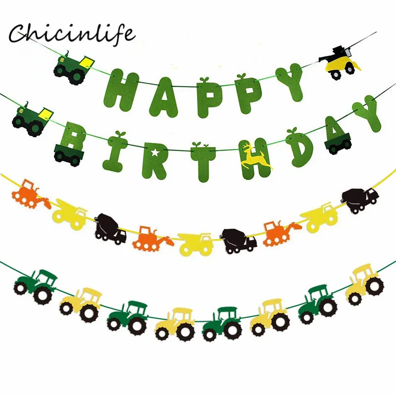 

Chicinlife Tractor Happy Birthday Banner Excavator Construction Vehicle Garland Cupcake Topper Kids Birthday Party Decoration