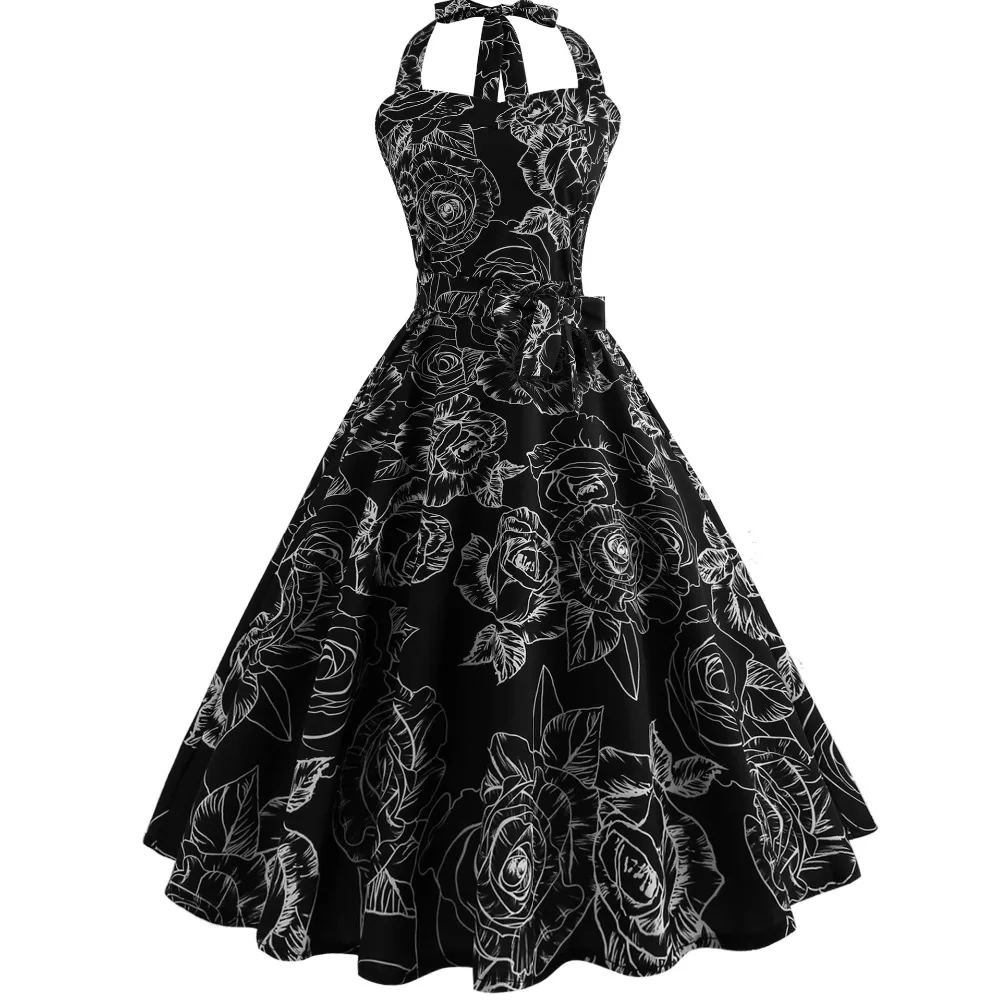 

Women Sexy Halter Gothic Dresses Summer Casual A-Line Sleeveless Zipper Girl Beach Travel Floral Print Goth Punk Vintage Dress