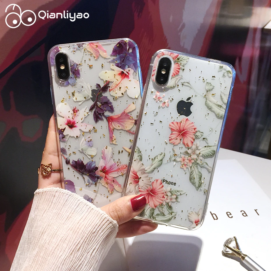 

Qianliyao Luxury Gold Foil Bling Flower Phone Case For iPhone 7 6S 8 Plus Cases Soft Glitter For iPhone 12 11 X XS MAX XR Cover