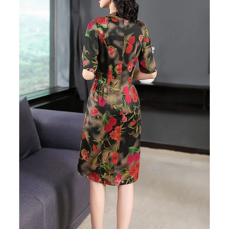 

Fashion Women Dress Elegant Slik Summer Dress For Mother Floral Printed Slim Silk Lady Dresses