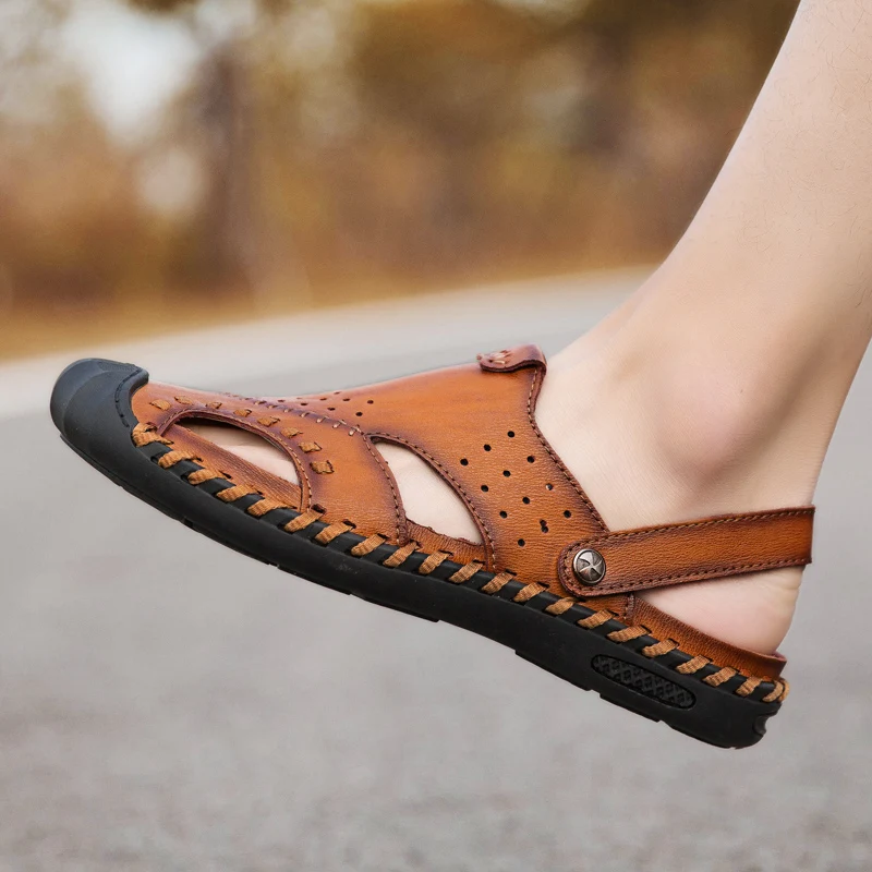 Мужские сандалии из натуральной кожи ручной работы кожаные на плоской подошве в стиле ретро 2019|Тапочки| |