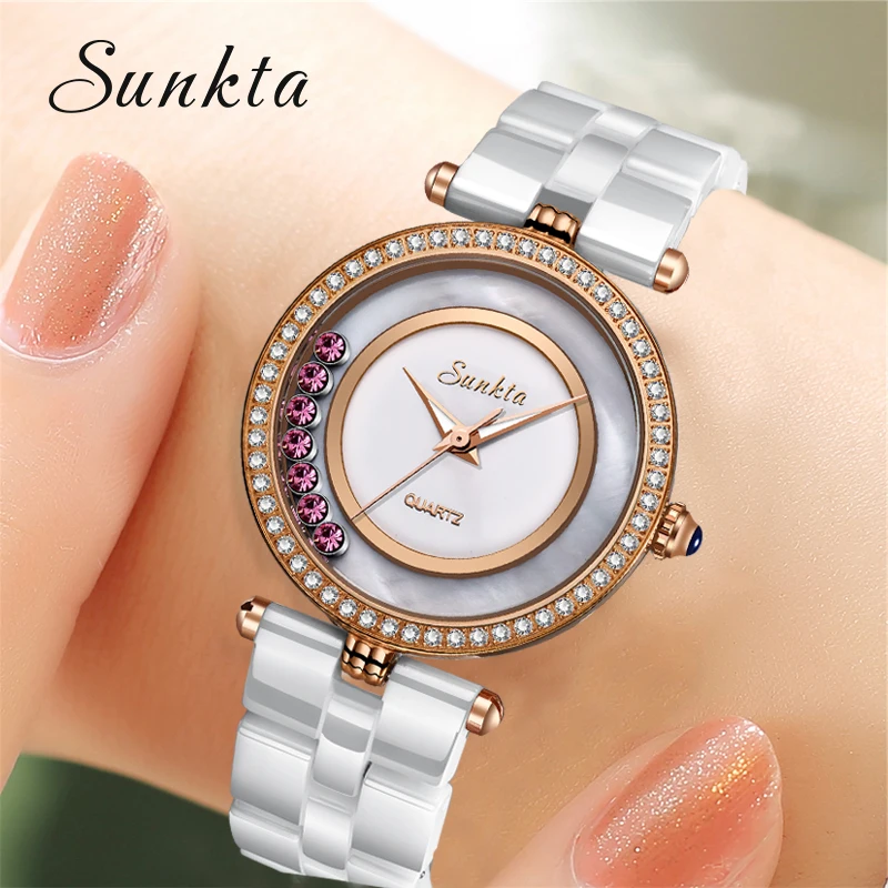 2021 SUNKTA Top Brand Luxury Diamond Watch Ceramic Quartz Women Watches Waterproof Fashion Mother-of-pearl Surface Watches Women enlarge