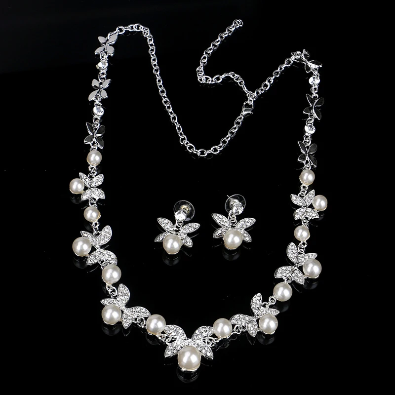 TREAZY Fashion Simulated Pearl Crystal Flower Necklace Earrings Tiara Bridal Jewelry Sets For Women Wedding Dress Accessories | Украшения и