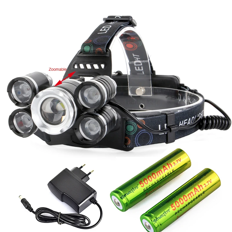 

Zoomable 5*LED XML T6 Headlight 20000 Lumens 4mode Headlamp Rechargeable Head Lamp flashlight+2*18650 Battery+AC Charger